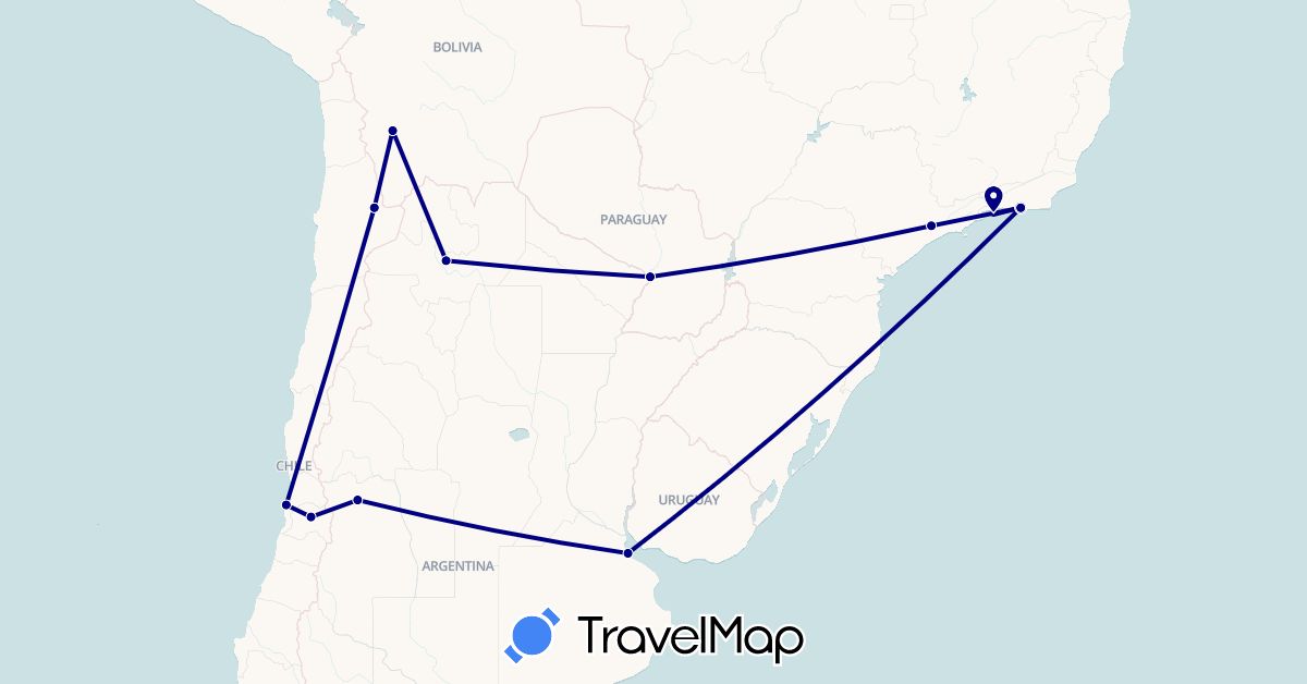 TravelMap itinerary: driving in Argentina, Bolivia, Brazil, Chile, Paraguay (South America)